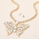 Rhinestone Embellished Butterfly Pendant Accented Tennis Chain Evening Necklace