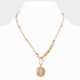 Rhinestone Evil Eye Heart Horseshoe Accented Metal Round Pendant Faceted Beaded Necklace