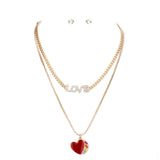 Rhinestone LOVE Message Enamel Heart Pendant Jewelry Set
