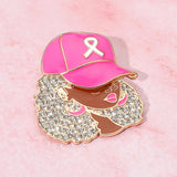 Women's Rhinestone Paved Cool Afro Woman in Awareness Pink Ribbon Cap Pin Brooch