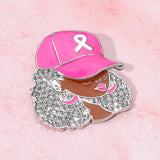Women's Rhinestone Paved Cool Afro Woman in Awareness Pink Ribbon Cap Pin Brooch