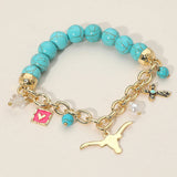 SECRET BOX Western Steer Head Cross Heart Pearl Charm Beaded Stretch Bracelet