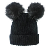 Women's Soft Knit Double Faux Fur Pom Beanie Hat