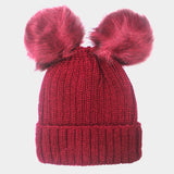 Women's Soft Knit Double Faux Fur Pom Beanie Hat