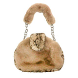 Solid Color Pattern Detailed Faux Fur Shoulder Bag