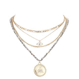 Stone Embellished Evil Eye Pendant Multi Layer Bib Necklace