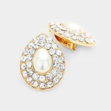 Stone Pave Teardrop Pearl Centered Clip on Earrings
