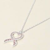 Stone Paved Heart Pink Ribbon Pendant Necklace