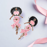 Women's Stone Paved Pink Ribbon Enamel Afro Woman Stud Earrings