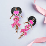 Women's Stone Paved Pink Ribbon Enamel Afro Woman Stud Earrings
