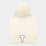 -T- Initial Monogram Faux Fur Pom Pom Knit Beanie Hat