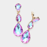Women's Teardrop Glass Crystal Drop Evening Clip On Dangle Earrings