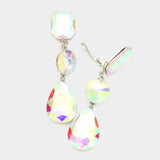 Women's Triple Glass Crystal Drop Clip On Dangle Earrings