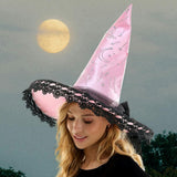 Whimsical Lace Trim Starry Rhinestone Studded Halloween Witch Hat