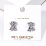 White Gold Dipped Cubic Zirconia Pink Ribbon Stud Earrings