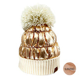Women's Winter Cozy Puffer Knit Pom Glossy Beanie Hat