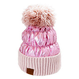 Women's Winter Cozy Puffer Knit Pom Glossy Beanie Hat