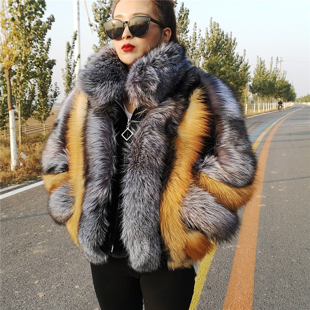 Natural Woman Mink Fur Coats Long With Silver Fox Fur Collar And