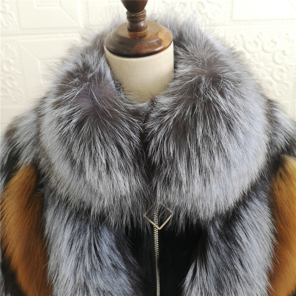 LUXURY SILVER FOX set jacket and hat ,fox fur coat with Whole