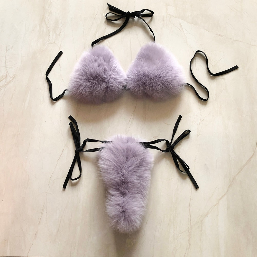 Fox Fur Bikini Bra Sets, Womens Fluffy Bra Set