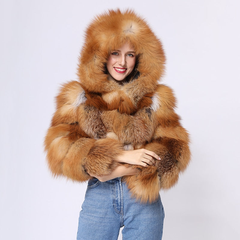 Women Cropped Hooded Real Fox Fur Coat - AfterAmour