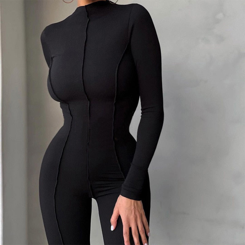 Ribbed Turtleneck Long Sleeve Jumpsuit - AfterAmour