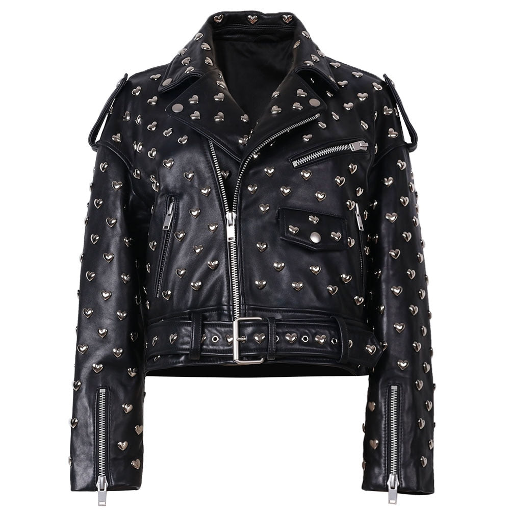 Ladies Heart Shape Motorcycle Leather Jacket - AfterAmour
