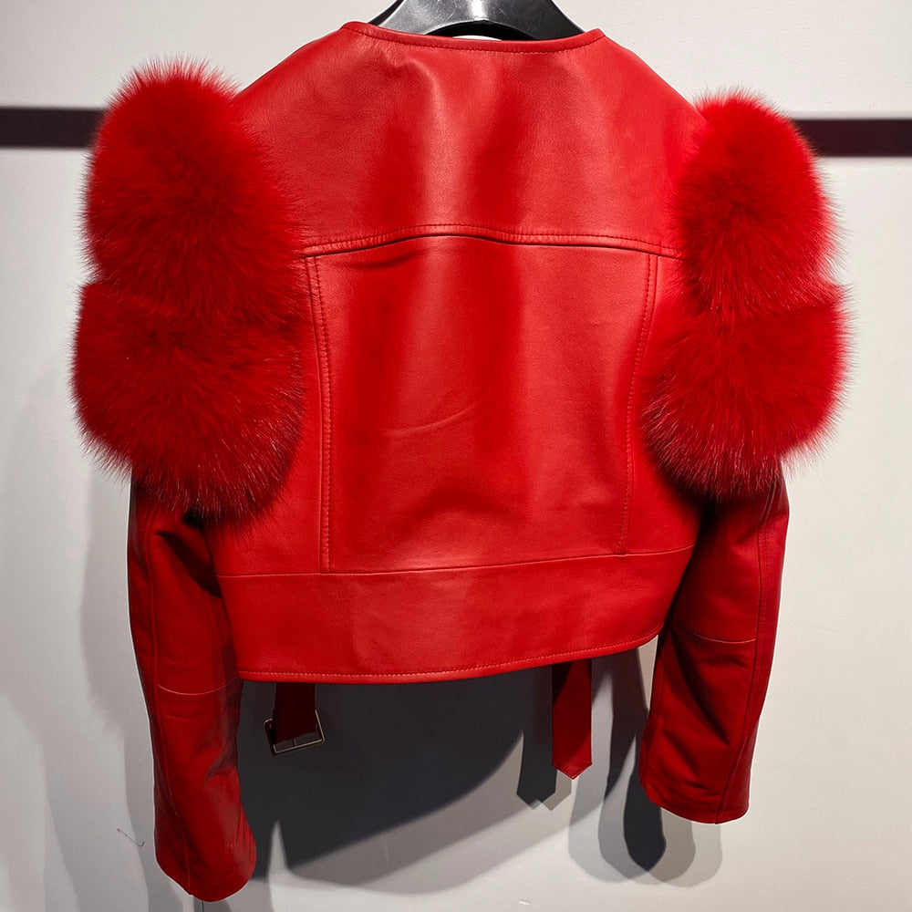 Fox Fur Sleeve Leather Biker Jacket - AfterAmour