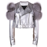 Fox Fur Sleeve Leather Biker Jacket