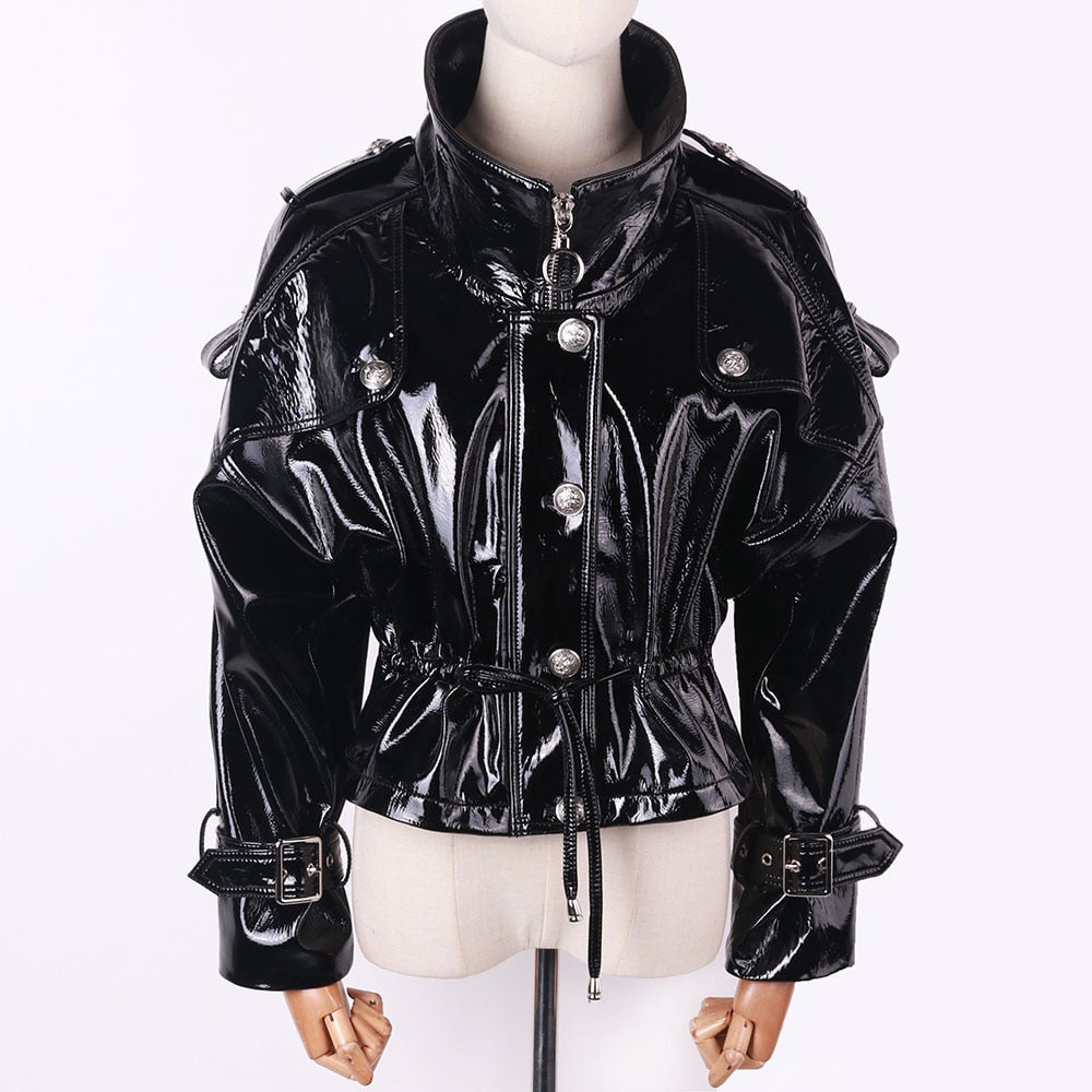 Oversized Patent Batwing Sleeve Leather Jacket - AfterAmour