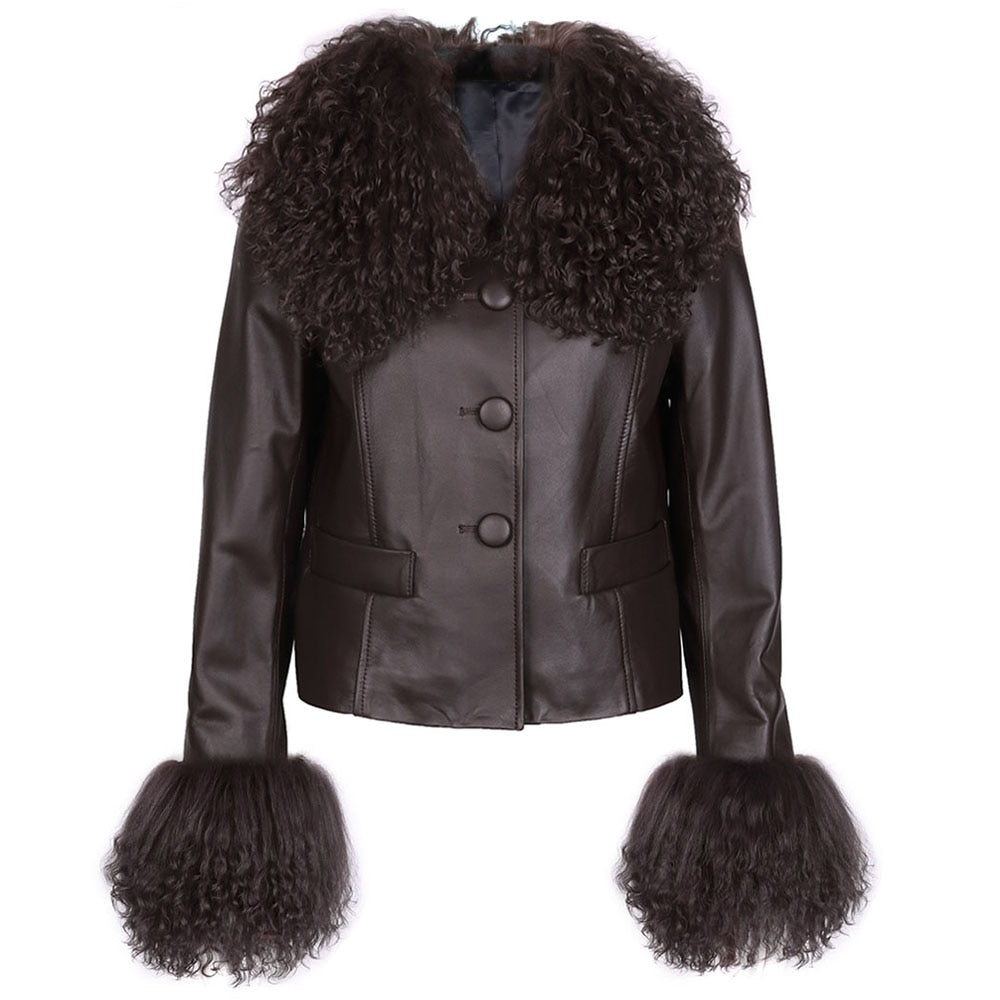 Mongolian Curly Sheep Fur Collar Leather Jacket - AfterAmour