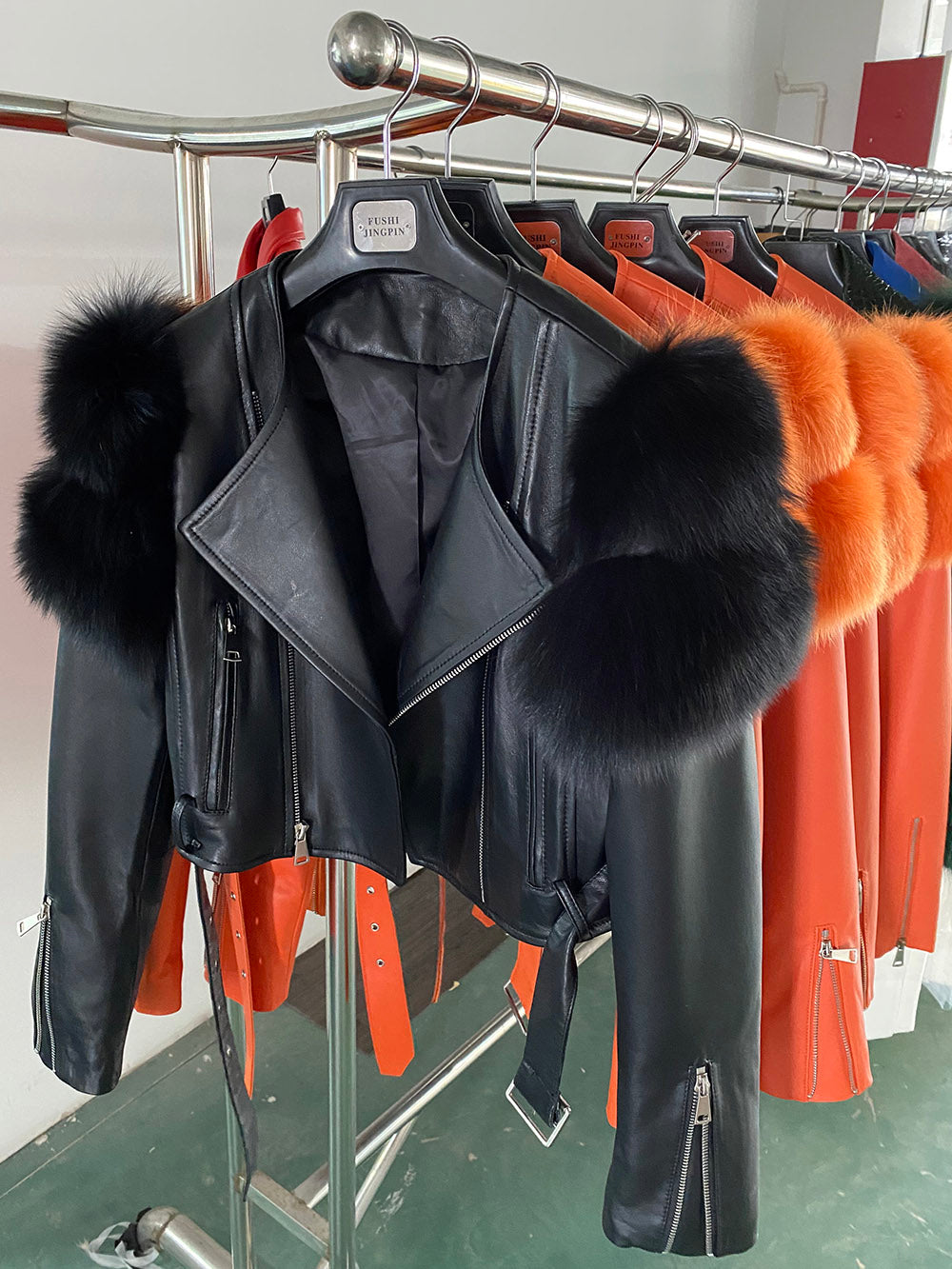 Fox Fur Sleeve Leather Biker Jacket - AfterAmour