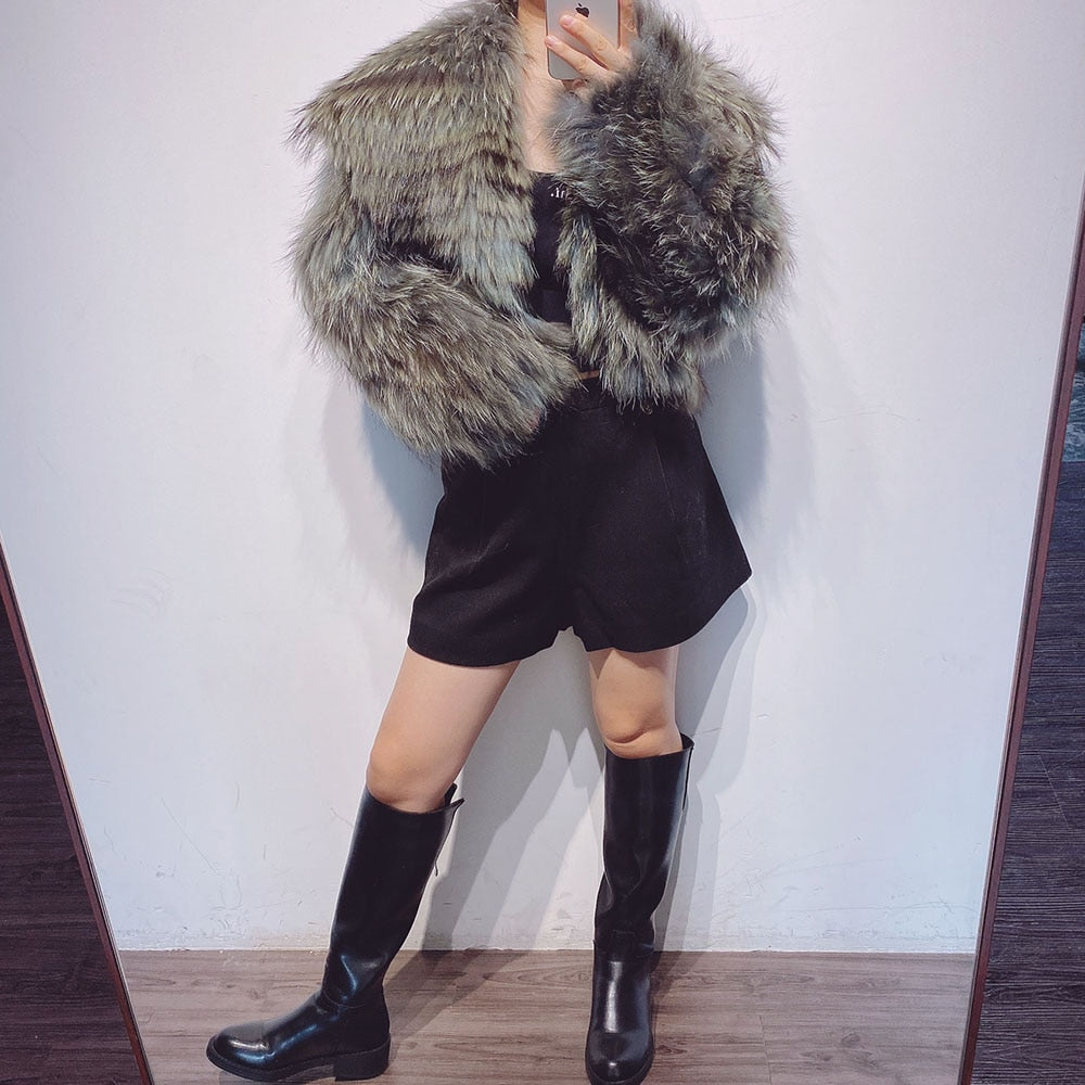 Women Real Raccoon Short Fur Jacket - AfterAmour