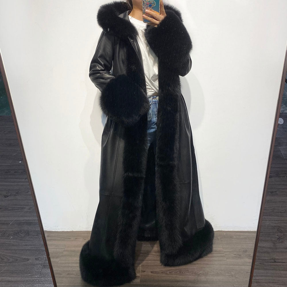 Ladies Fox Fur Collar Hooded Real Leather Trench Coat - AfterAmour