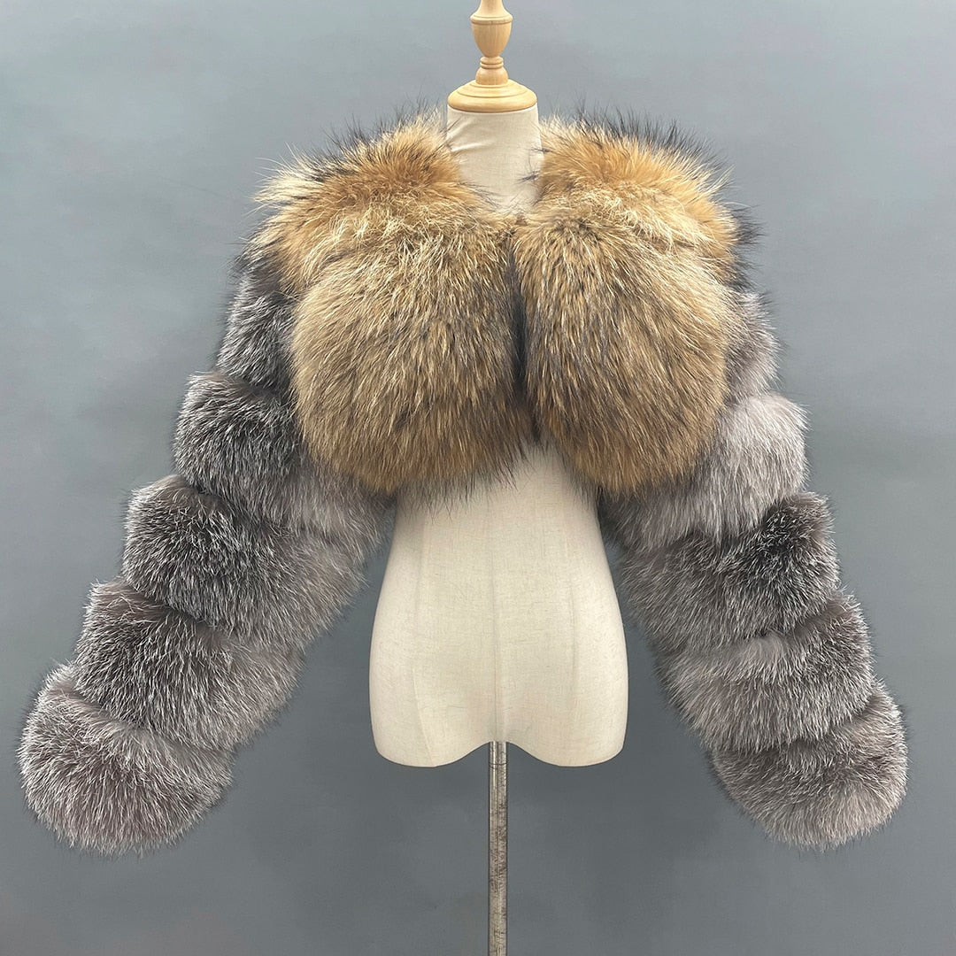 Natural Raccoon/Fox Cropped Luxury Fur Coat - AfterAmour