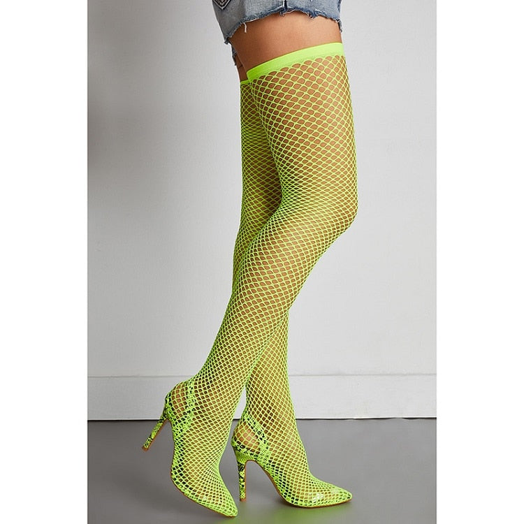 Mesh Over The Knee Boots Pointed High Heel Boots - AfterAmour