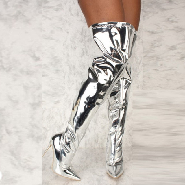Mirror Chrome Over The Knee Boots - AfterAmour