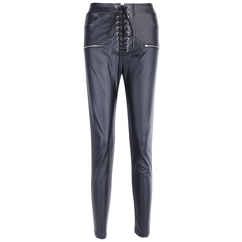 Amour Black Leather Lace Up High Waist Pants - AfterAmour