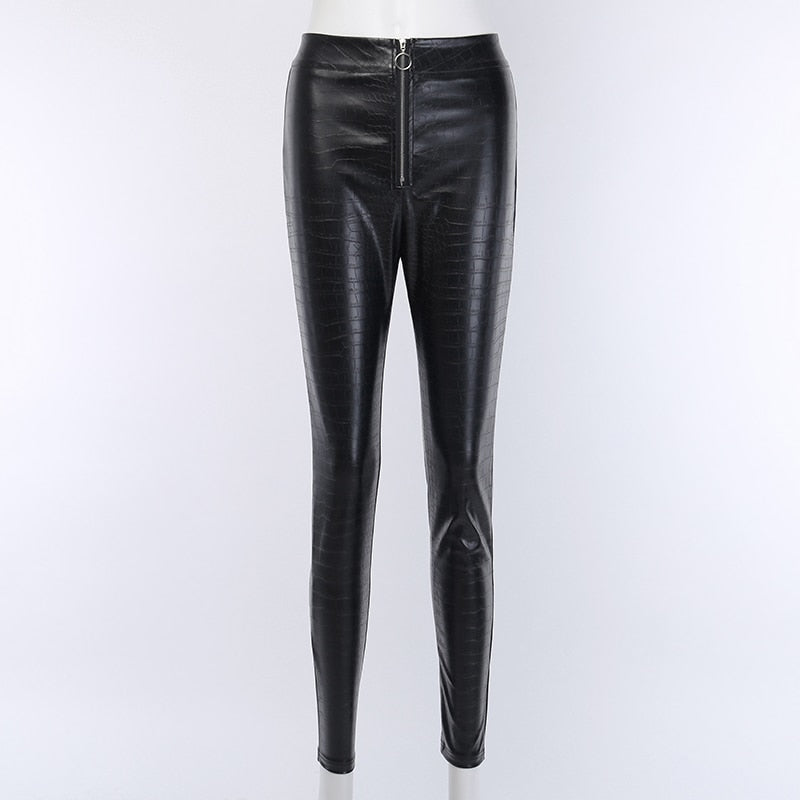 Faux Leather Crocodile Print High Waist Pants - AfterAmour
