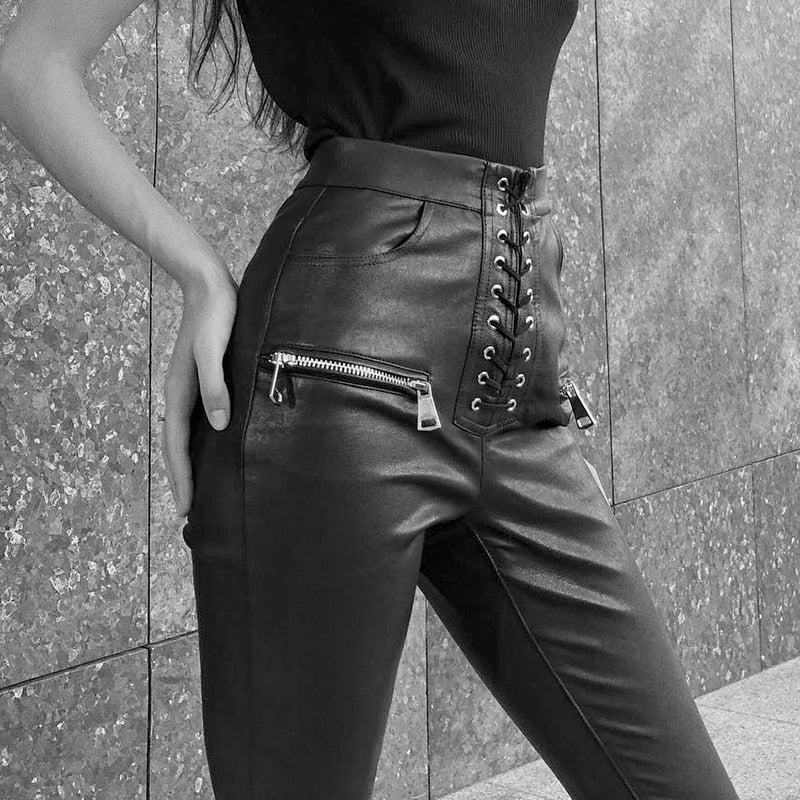 Amour Black Leather Lace Up High Waist Pants - AfterAmour