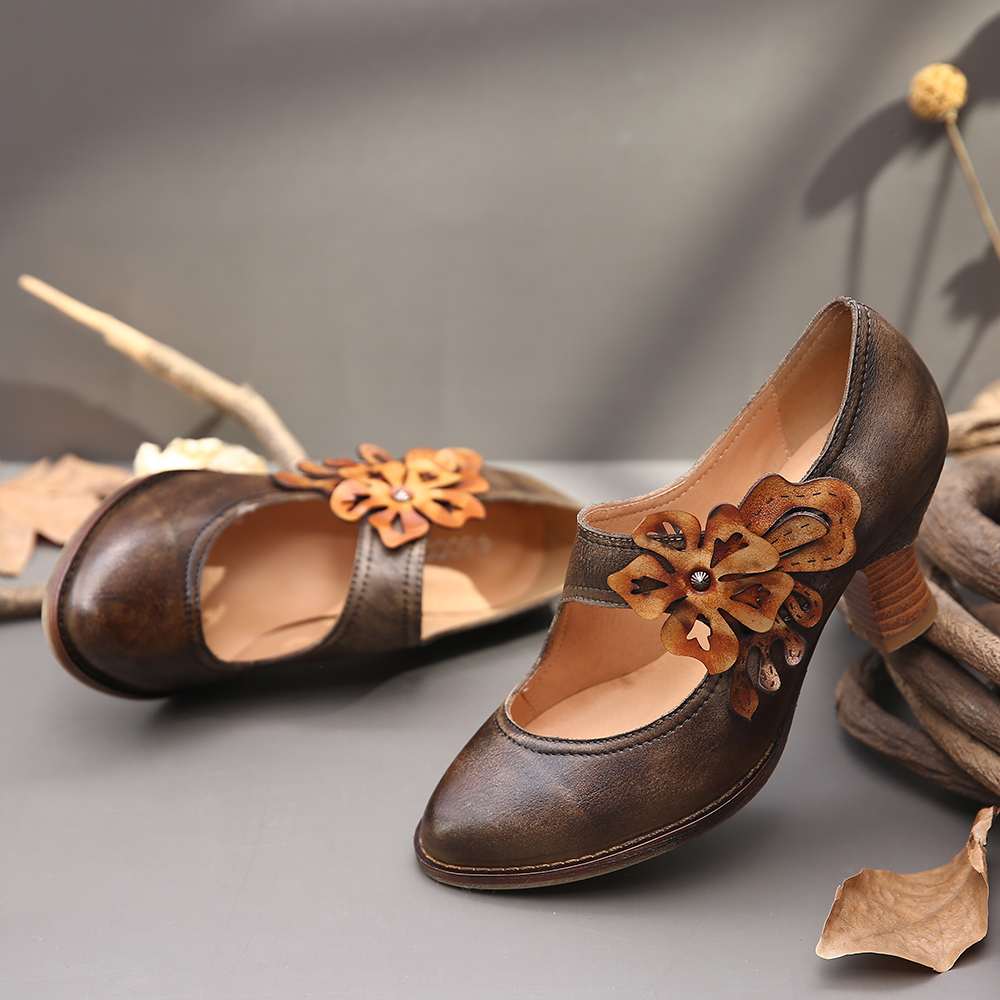Chocolate Brown Floral Leather Pumps - AfterAmour