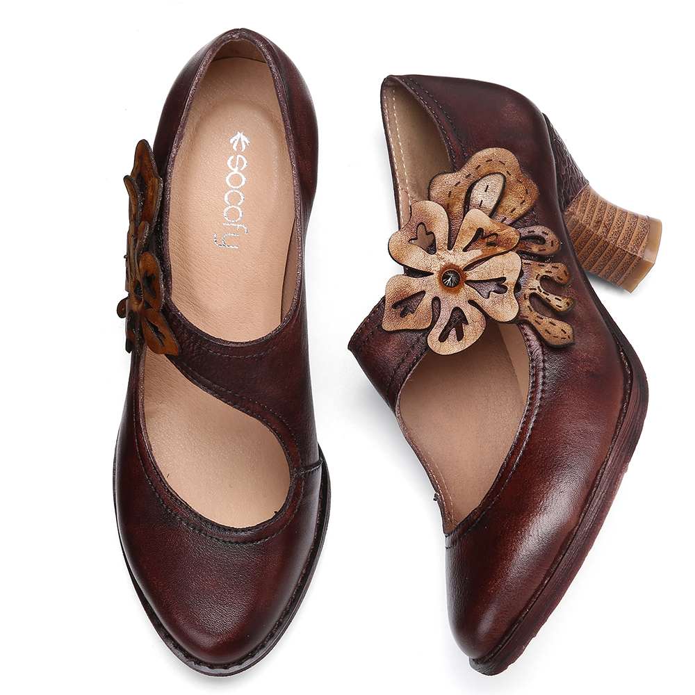 Chocolate Brown Floral Leather Pumps - AfterAmour