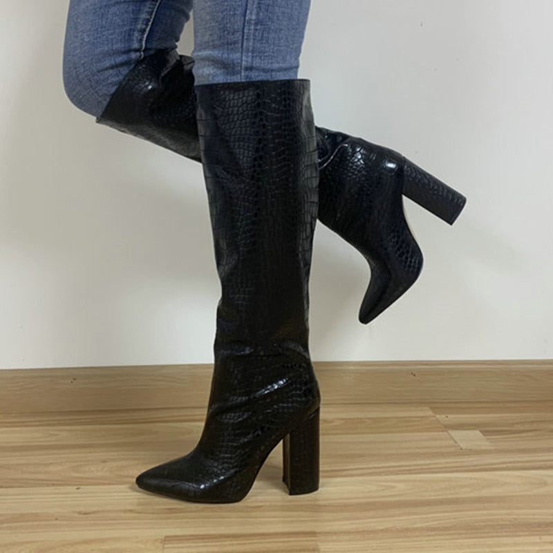 Embossed Alligator Women Knee High Boots - AfterAmour