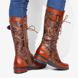Embossed Rose Leather Buckle Knee High Boots - AfterAmour