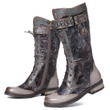 Embossed Rose Leather Buckle Knee High Boots - AfterAmour