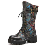 Combat Floral Stitched  Leather Lace Up Mid-calf Boots - AfterAmour