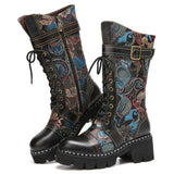 Combat Floral Stitched  Leather Lace Up Mid-calf Boots - AfterAmour