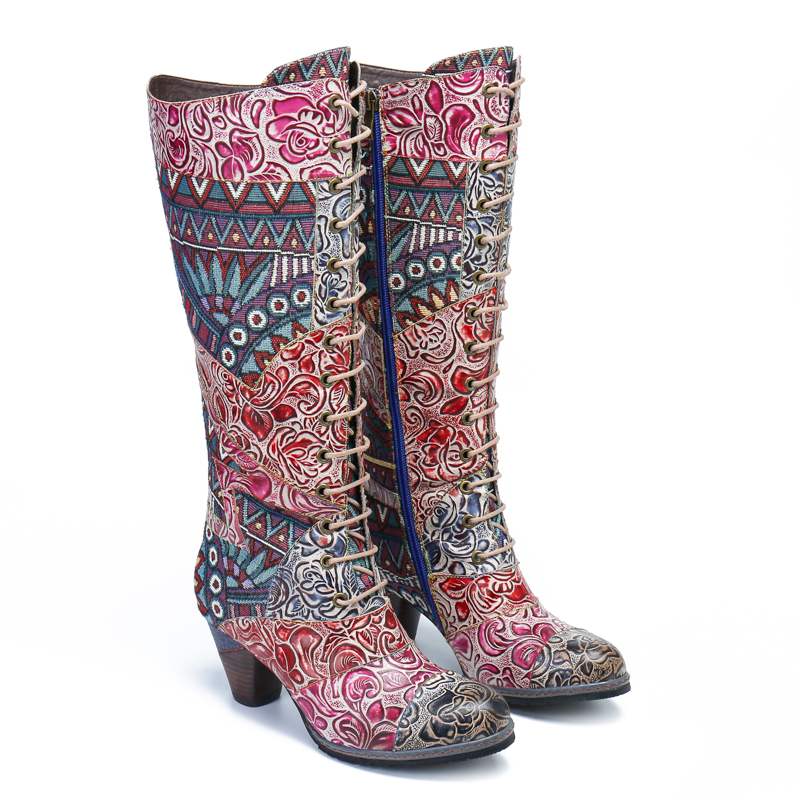 Embroidered Cowhide Cloth Mid-Calf Boots - AfterAmour