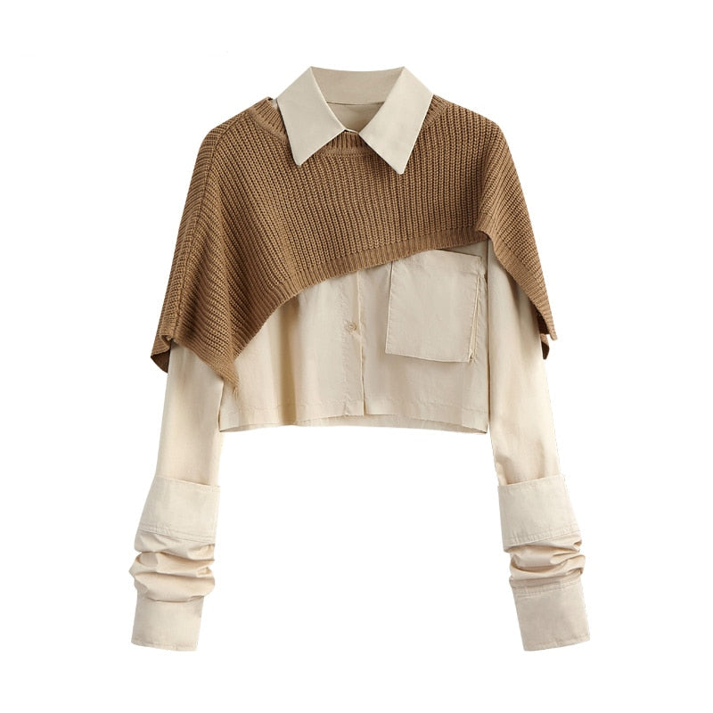 Short Blouse Shirt + Solid Knitted Pullover Crop Shawl Sweater - AfterAmour