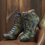 Green Garden Lace Up Floral Ankle Boots - AfterAmour